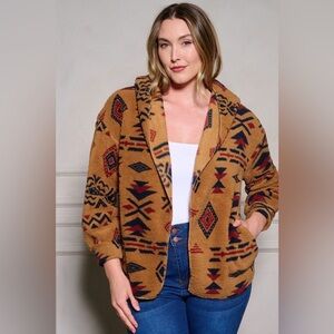 New In Womens Camel AZTEC TRIBAL PRINT HOODED OVERSIZE FLEECE Cardigan | NEW/NWT